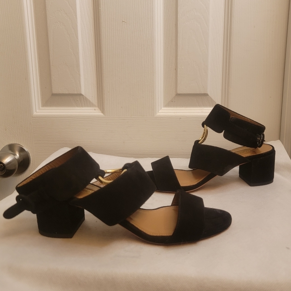 AQUAZZURA CAMEL SUEDE SAFARI LEATHER GOLD RING MID HEEL ANKLE STRAP  SANDALS - Picture 4 of 16